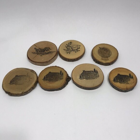 Vintage Wood Slab Drink Coasters Lot Of 7 Rustic Decor - Picture 1 of 6